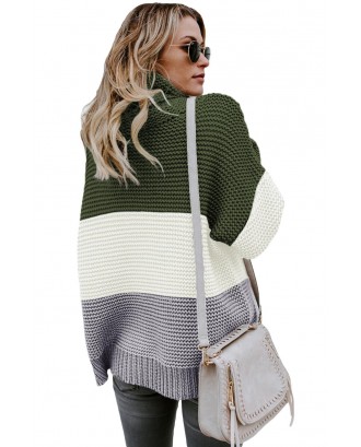 Green Turtleneck Color Block Pullover Sweater