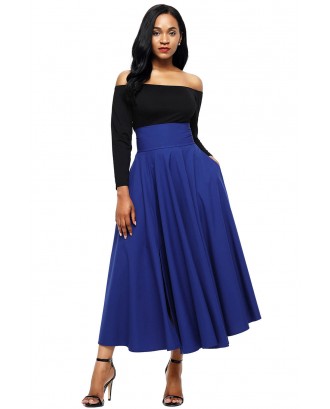 Blue Retro High Waist Pleated Belted Maxi Skirt