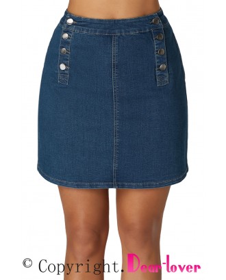 Blue Double Breasted Functional Button Jeans Skirt