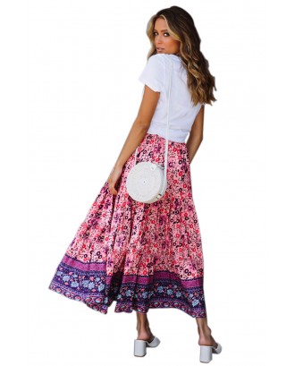 Purple Elastic Waist Floral Maxi Skirt