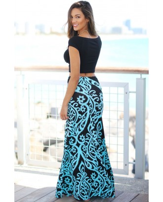 Blue Tendril Printed Maxi Skirt
