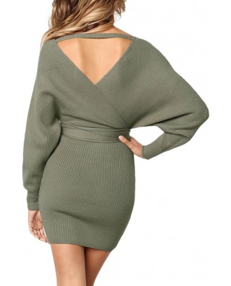 Olive Long Sleeve V Neck Tied Sweater Dress