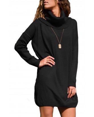 Black Ribbed Cowl Neck Lightweight Sweater Dress