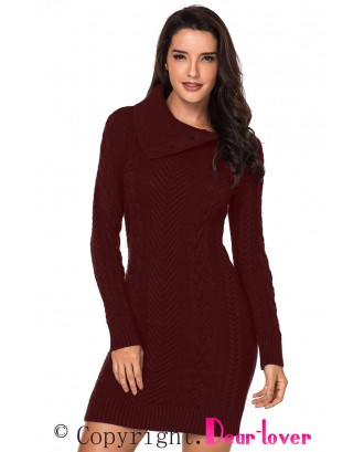 Asymmetric Buttoned Collar Burgundy Bodycon Sweater Dress