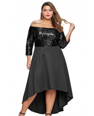 Black Off Shoulder Sequin Bodice Hi-lo Plus Size Dress