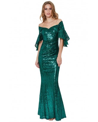 Green Off The Shoulder Sequined Maxi Dress