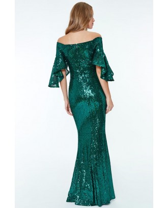 Green Off The Shoulder Sequined Maxi Dress