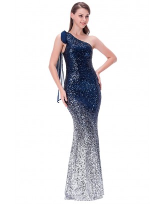 Blue Gradient One Shoulder Sequin Party Evening Dress