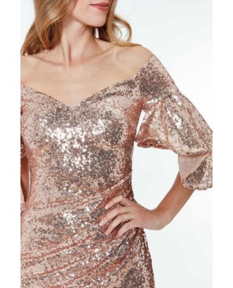Apricot Off The Shoulder Sequined Maxi Dress