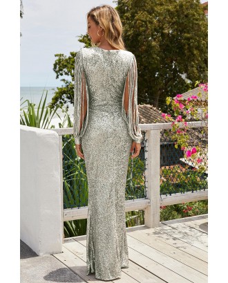 Silver Sequin Fringe Sleeve Party Maxi Evening Dress