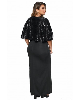 Black Sequin Cape Plus Size Maxi Dress