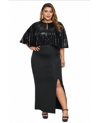 Black Sequin Cape Plus Size Maxi Dress