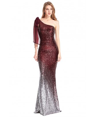 Red Gradient One Shoulder Sequin Party Evening Dress