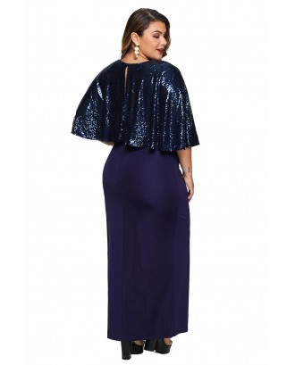 Blue Sequin Cape Plus Size Maxi Dress