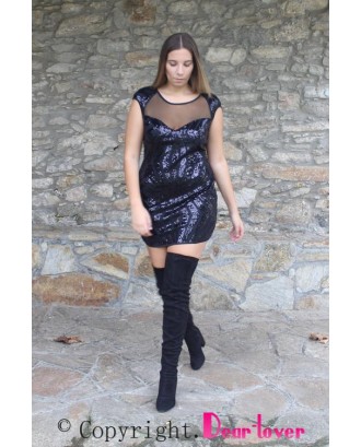 Black Sequin Mesh Cutout Beautiful Club Dress