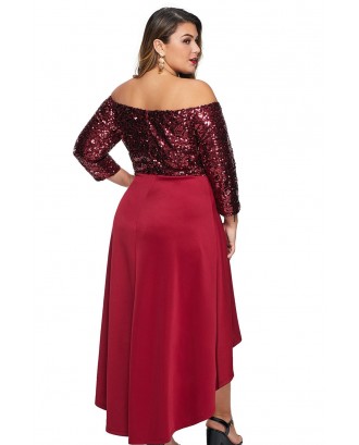 Red Off Shoulder Sequin Bodice Hi-lo Plus Size Dress