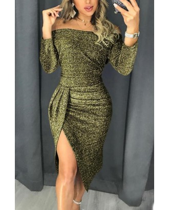 Green Off Shoulder Ruched Thigh High Slit Sequin Dress