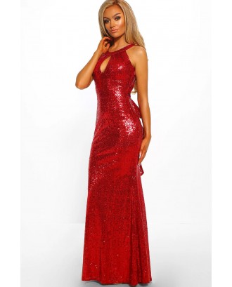 Red Born A Star Gold Sequin Frill Back Fishtail Maxi Dress